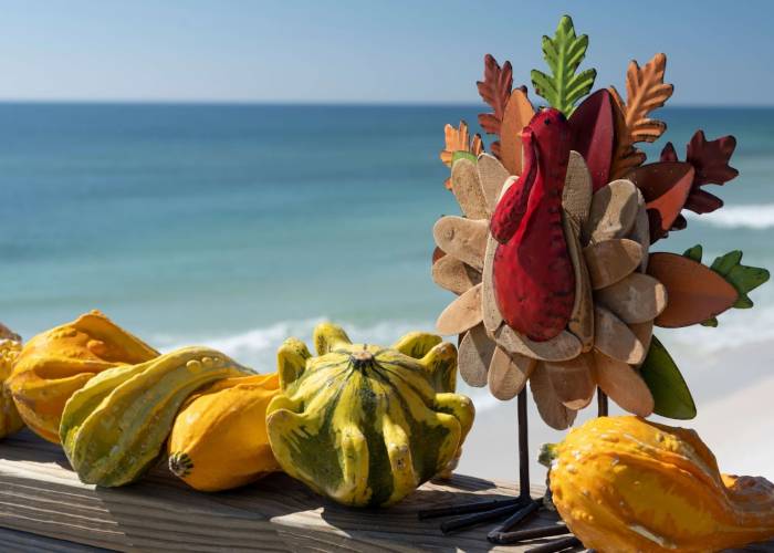 Festive Thanksgiving decor with Pensacola Beach in the background